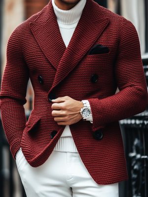 Vintage Double-Breasted Knitted Blazer with Multi-Pocket Detail – Casual Lapel Jacket, Ships in 24 Hours