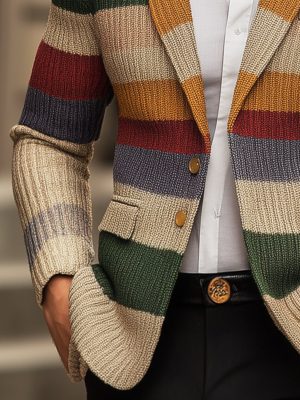 Men's Rainbow Striped Knit Cardigan with Lapel Detail – Casual Long Sleeve Sweater, Ships in 24 Hours