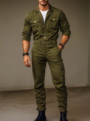 Vintage Cargo Jumpsuit with Multiple Pockets – Long Sleeve Workwear Romper, Ships in 24 Hours