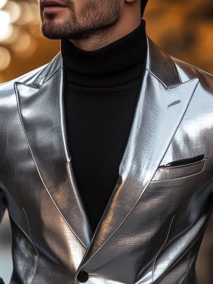 Stylish Silver Leather Blazer – Single-Breasted Lapel Jacket with 24-Hour Shipping