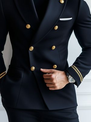 Vintage Navy Double-Breasted Blazer with Multi-Pockets – Fast 24-Hour Shipping