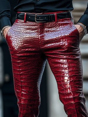 Red Crocodile Leather Pants – Stylish Slim-Fit Pants with 24-Hour Shipping