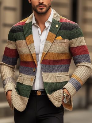 Men's Rainbow Striped Knit Cardigan with Lapel Detail – Casual Long Sleeve Sweater, Ships in 24 Hours