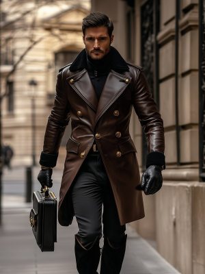 Vintage Leather Double-Breasted Overcoat for Men – Business Style, 24-Hour Shipping