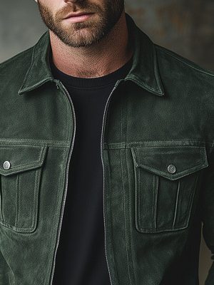 Men's Casual Suede Jacket with Lapel & Zipper – Solid Color, Fast 24-Hour Shipping