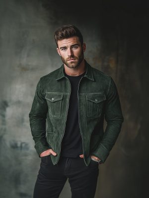 Men's Casual Suede Jacket with Lapel & Zipper – Solid Color, Fast 24-Hour Shipping