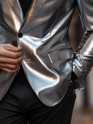Stylish Silver Leather Blazer – Single-Breasted Lapel Jacket with 24-Hour Shipping
