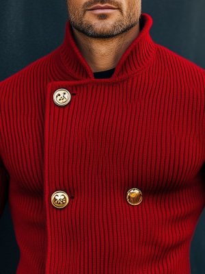 Vintage Red Knitted Cardigan with Stand Collar & Double-Breasted Design – Ships in 24 Hours