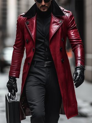 Vintage Double-Breasted Leather Coat with Contrast Lapel – Ships in 24 Hours
