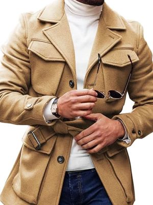 Woolen Coat with Lapel & Lace-Up Design | Solid Color Multi-Pocket Winter Coat | Ships in 24 Hours