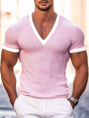 Men's V-Neck Contrast Knit Short Sleeve T-Shirt – Fast 24-Hour Shipping